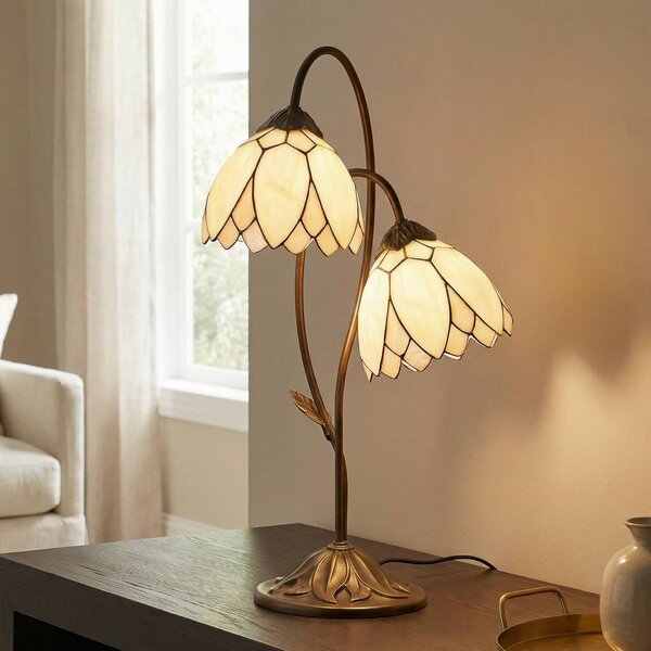 Clayre&Eef Štýl Tiffany – stolná lampa Liliana, 2-plameňová, Hnedá / hrdzavá, Obývacia izba / jedáleň, Sklo, Tiffany, Stojacie svietidlo