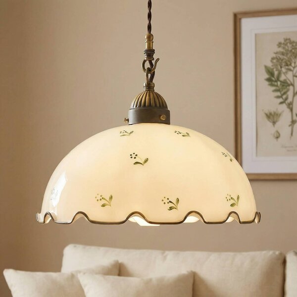Závesná lampa Nonna Roztrúsený kvet Ø30 1pl zelená, Biela / opálová, Obývacia izba / jedáleň, Vidiecky / Rustikálny, Závesné svietidlo