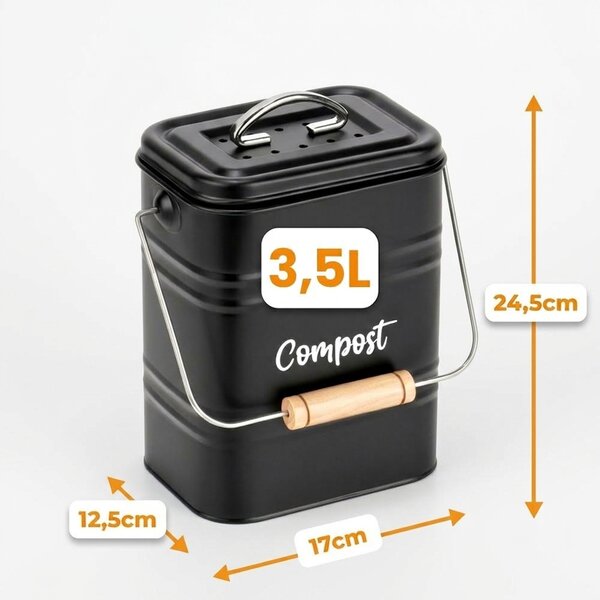 VILDE Kuchynský kompostér s uhlíkovým filtrom, na bio odpad, kovový, čierny, 3,5 l