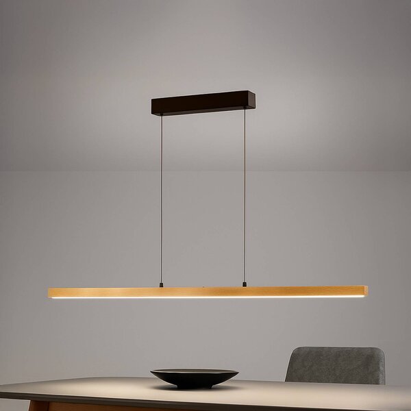 LED závesné svietidlo Shine-Wood, dĺžka 141 cm, dub/čierna, Svetlé drevo, Obývacia izba / jedáleň, Drevo, Závesné svietidlo