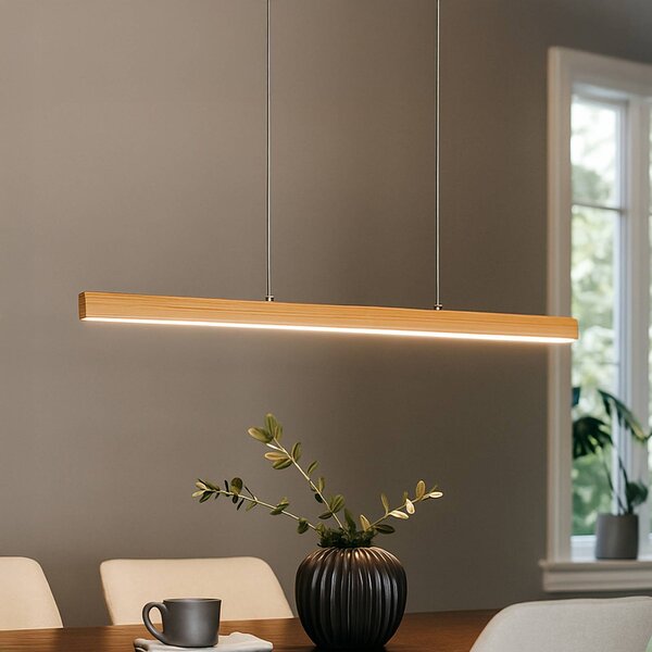 FISCHER & HONSEL LED závesné svietidlo Shine-Wood, dĺžka 105 cm, dub/niklová farba, Svetlé drevo, Obývacia izba / jedáleň, Drevo, Závesné svietidlo