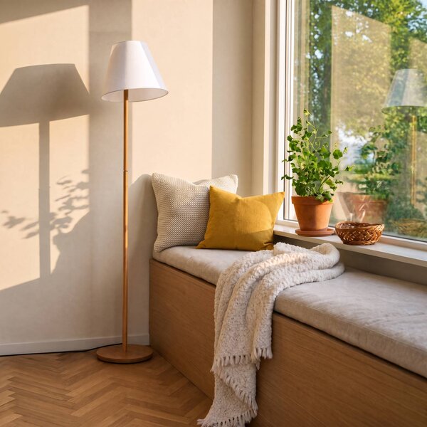 Lucande Stojacia lampa Jinda, biela, drevo, látka, 160 cm, E27, Biela / opálová, Obývacia izba / jedáleň, Textil / látka / hodváb, Škandinávsky, Stojaca lampa