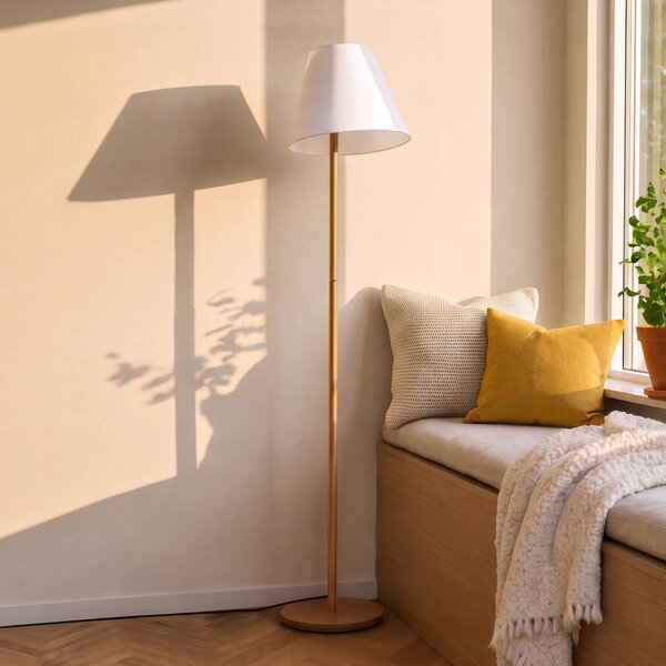 Lucande Stojacia lampa Jinda, biela, drevo, látka, 160 cm, E27, Biela / opálová, Obývacia izba / jedáleň, Textil / látka / hodváb, Škandinávsky, Stojaca lampa