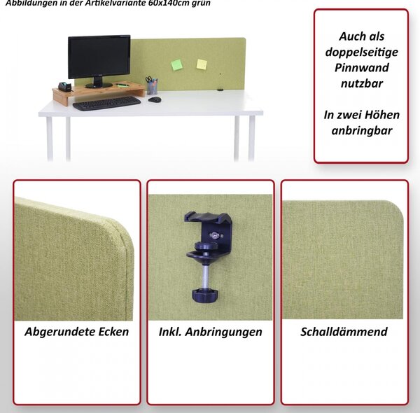 Akustický panel na stôl HWC-G75 - dvojstenná látka/textil - 60x160 cm - zelená