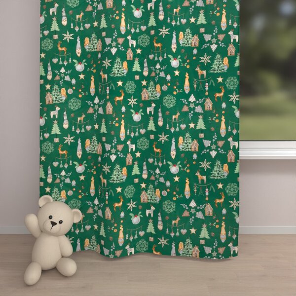 Biante Vianočný bavlnený záves Sandra SA-508 Vianoční škriatkovia a ozdoby na zelenom 150x140 cm