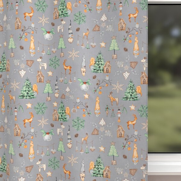 Biante Vianočný bavlnený záves Sandra SA-509 Vianoční škriatkovia a ozdoby na sivom 150x140 cm