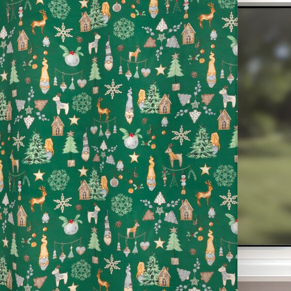 Biante Vianočný bavlnený záves Sandra SA-508 Vianoční škriatkovia a ozdoby na zelenom 150x140 cm