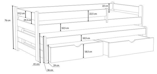 MAXMAX Detská posteľ z masívu borovice ALEX s prístelkou a šuplíky - 200x90 cm - BIELA