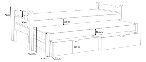 MAXMAX Detská posteľ z masívu borovice PATRICIE s prístelkou a šuplíkmi - 200x90 cm - PRÍRODNÁ BOROVICA