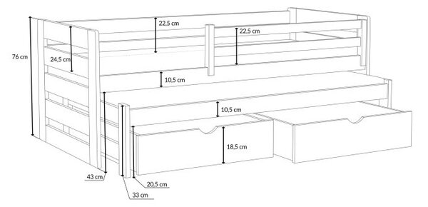 MAXMAX Detská posteľ z masívu borovice JOLANA s prístelkou a šuplíkmi - 200x90 cm - KAŠMÍROVÁ