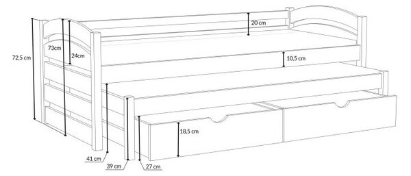 MAXMAX Detská posteľ z masívu borovice MONI s prístelkou a šuplíky - 200x90 cm - PRÍRODNÁ BOROVICA