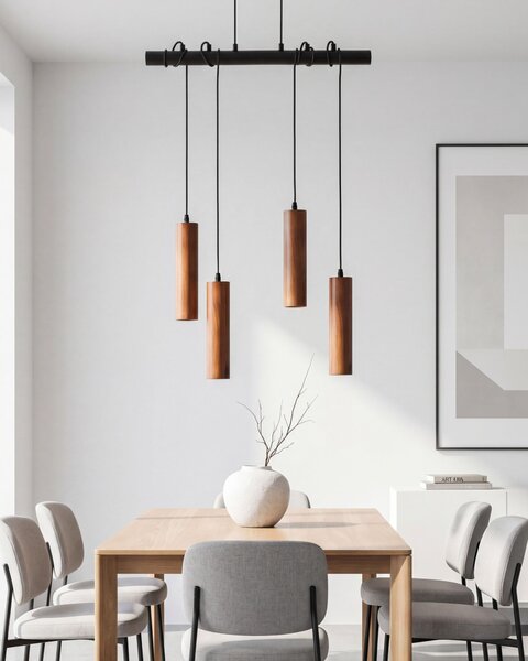 Závesná lampa tmavé drevo železná základňa dubové drevo tienidlo 4 svetlá doplnky osvetlenie