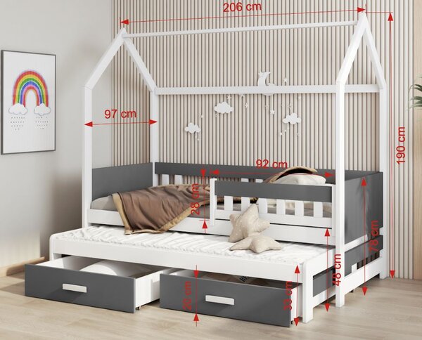 MAXMAX Detská domčeková posteľ z masívu borovice JASPER so šuplíkmi a prístelkou - 200x90 cm - biela/trufel