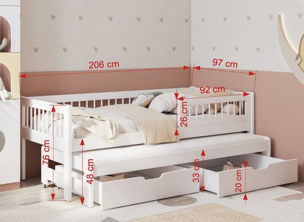 MAXMAX Detská posteľ z masívu borovice ORION s prístelkou a šuplíky - 200x90 cm - prírodná