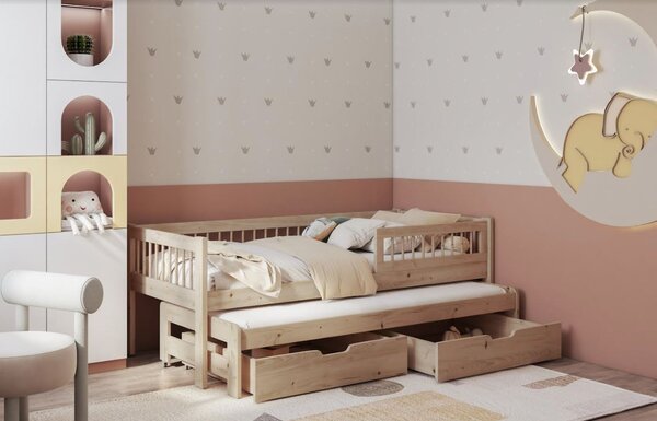 MAXMAX Detská posteľ z masívu borovice ORION s prístelkou a šuplíky - 200x90 cm - prírodná