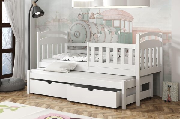 MAXMAX Detská posteľ z masívu borovice KAŠPAR s prístelkou a šuplíky - 200x90 cm - BIELA