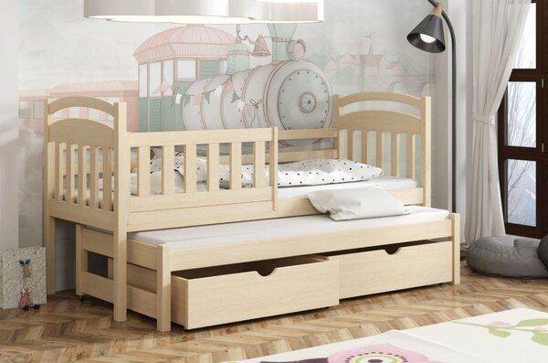 MAXMAX Detská posteľ z masívu borovice KAŠPAR s prístelkou a šuplíkmi - 200x90 cm - PRÍRODNÁ BOROVICA