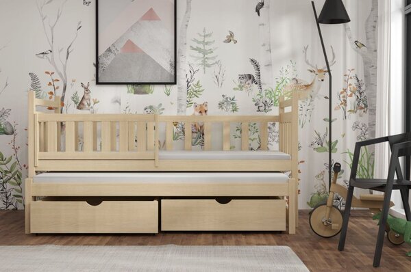 MAXMAX Detská posteľ z masívu borovice PROKOP s prístelkou a šuplíkmi - 200x90 cm - PRÍRODNÁ BOROVICA