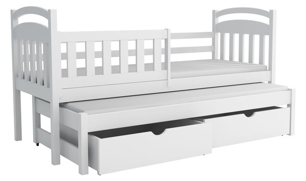 MAXMAX Detská posteľ z masívu borovice KAŠPAR s prístelkou a šuplíky - 200x90 cm - BIELA