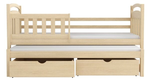 MAXMAX Detská posteľ z masívu borovice KAŠPAR s prístelkou a šuplíkmi - 200x90 cm - PRÍRODNÁ BOROVICA