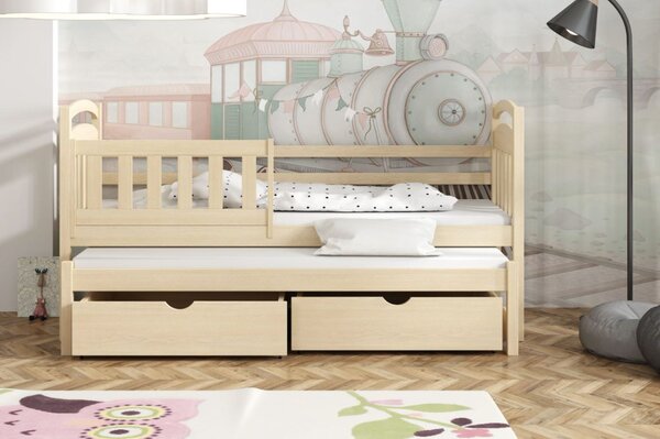 MAXMAX Detská posteľ z masívu borovice KAŠPAR s prístelkou a šuplíkmi - 200x90 cm - PRÍRODNÁ BOROVICA