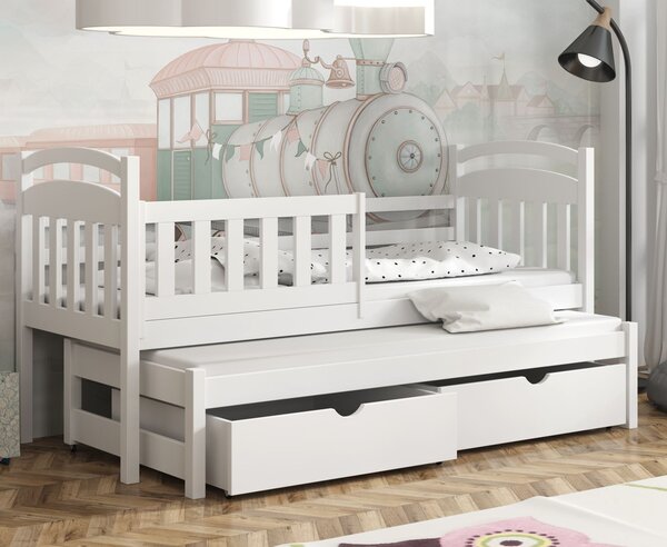 MAXMAX Detská posteľ z masívu borovice KAŠPAR s prístelkou a šuplíky - 200x90 cm - BIELA
