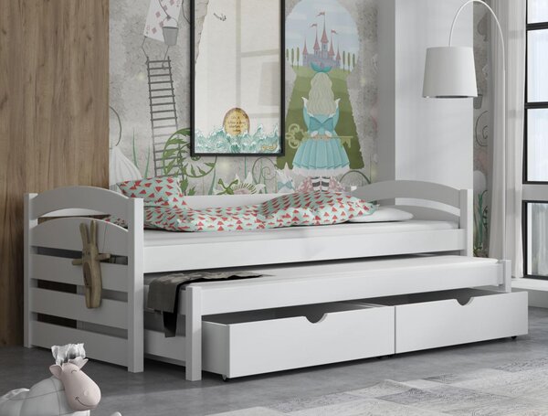 MAXMAX Detská posteľ z masívu borovice MONI s prístelkou a šuplíky - 200x90 cm - BIELA