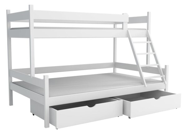 MAXMAX Detská poschodová posteľ z masívu borovice s rozšíreným spodným lôžkom NEVADA so šuplíkmi - 200x90/140 cm - BIELA