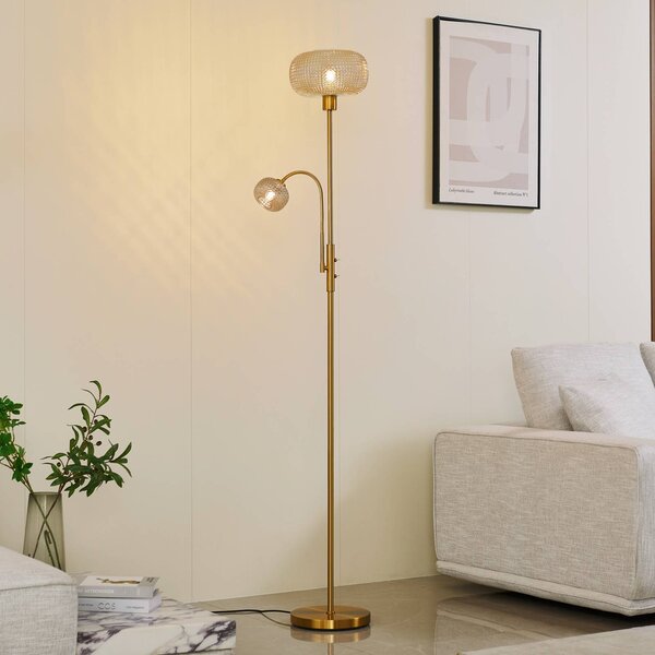 Stojacia lampa Lindby Aliette, zlatá/jantárová, sklo, svetlo na čítanie, Mosadz / zlato, Obývacia izba / jedáleň, kov, Moderný, Stojaca lampa