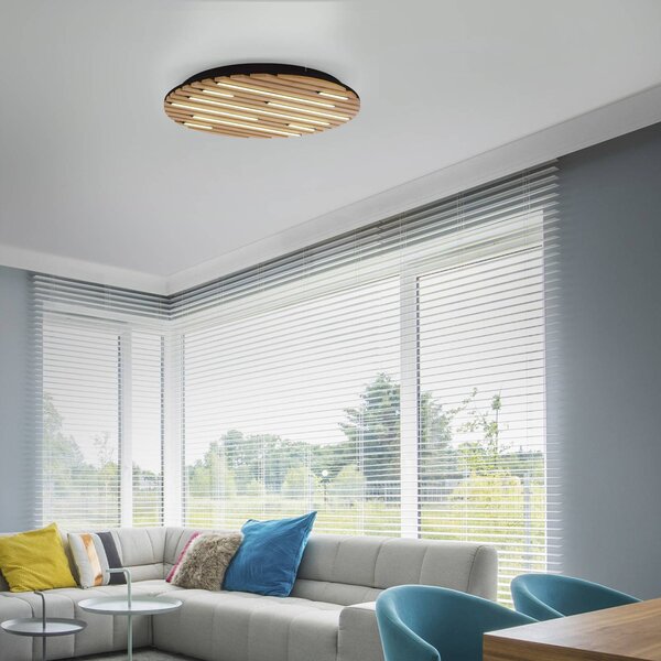 Paul Neuhaus Smart LED stropné svietidlo Q-Acoustic, drevo Ø 60 cm, Svetlé drevo, Obývacia izba / jedáleň, Drevo, Moderný, Závesné svietidlo