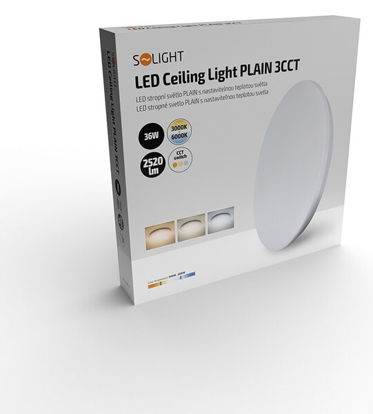 SOLIGHT LED stropné svietidlo Plain 3CCT, 36W, 2520lm, 3000K, 4000K, 6000K, okrúhle, 45cm
