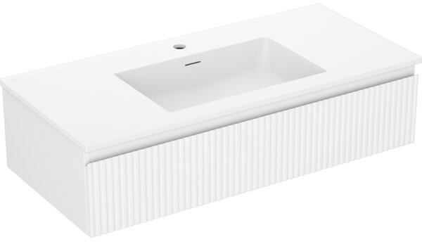 Mexen Rivel, kúpeľňová skrinka 100 cm s umývadlom Otis, 1 zásuvka, drážkovaná, biela matná, 91A20-10023-1-BF01-W18M01