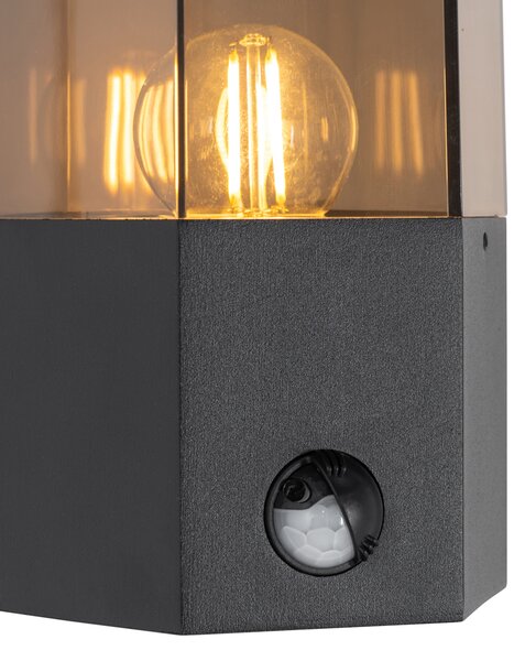 Vonkajšia nástenná lampa čierna s dymovým sklom hexagon a senzorom pohybu - Denmark
