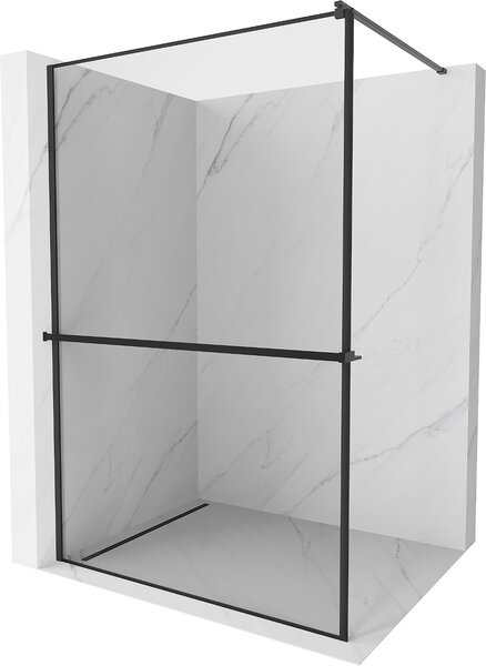 Mexen Kioto+, sprchová zástena s poličkou a držiakom na uteráky 140 x 200 cm, 8mm sklo číre sklo vzor čierny rám, čierny profil, 800-140-121-70-70