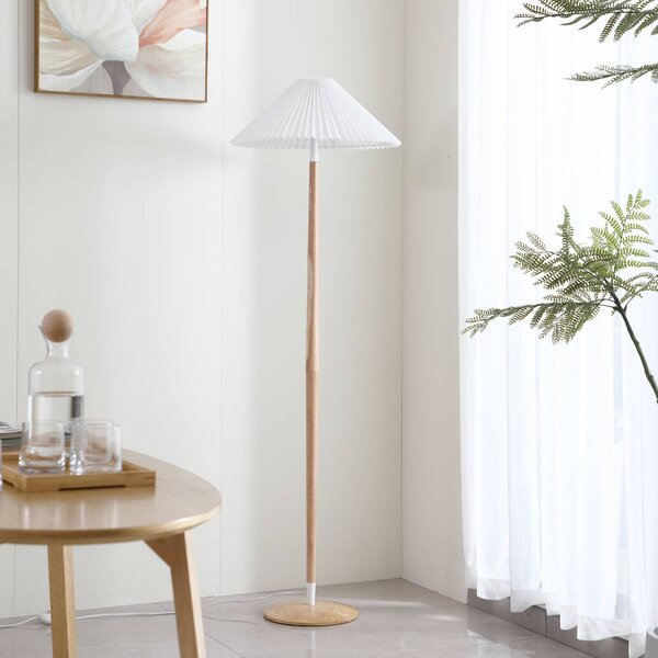 Stojacia lampa Lucande Ellorin, biela, drevo, Ø 47,5 cm, E27, Svetlé drevo, Obývacia izba / jedáleň, Drevo, Škandinávsky, Stojaca lampa
