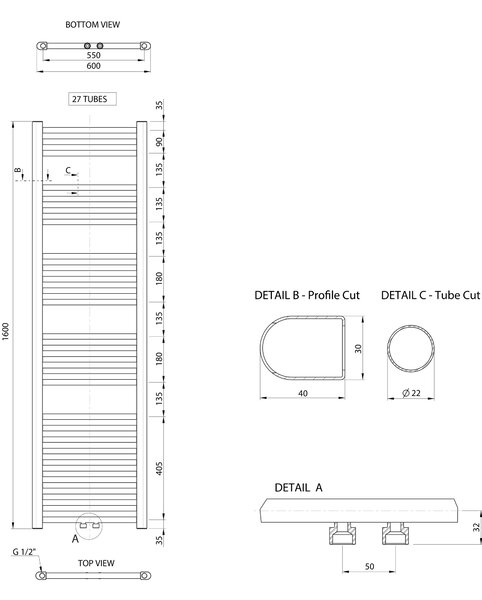 Aqualine Aqualine, ALYA vykurovacie teleso rovné 600x1600mm, stredové pripojenie, chróm, LLS305