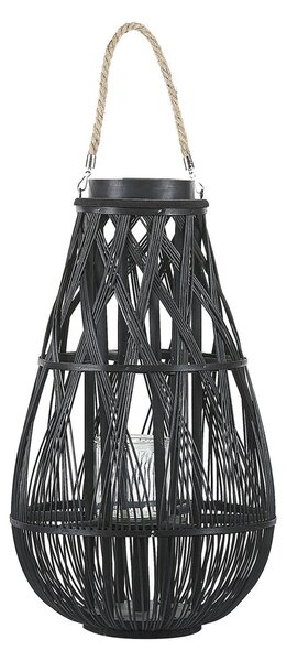 Lampáš čierny bambusové drevo 56 cm izbový vonkajší so skleneným držiakom na sviečku škandinávsky boho