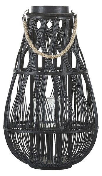 Lampáš čierny bambusové drevo 56 cm izbový vonkajší so skleneným držiakom na sviečku škandinávsky boho
