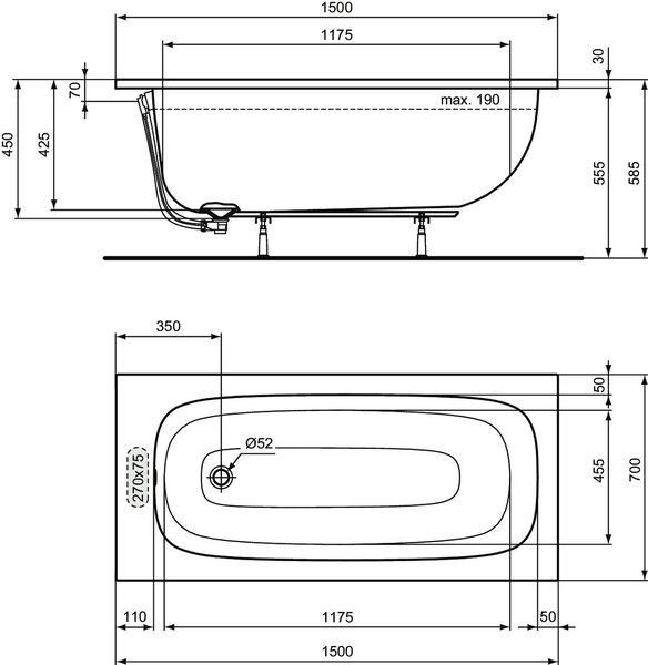Ideal Standard i.life - Obdĺžniková vaňa 1500x700 mm, s prepadom, biela T475701