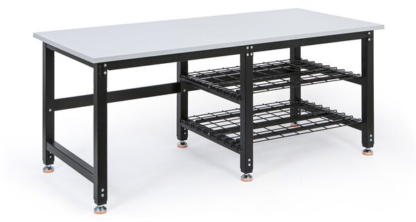 Výškovo nastaviteľný baliaci stôl PROFI, 1800 × 800 × 790–940 mm s policami