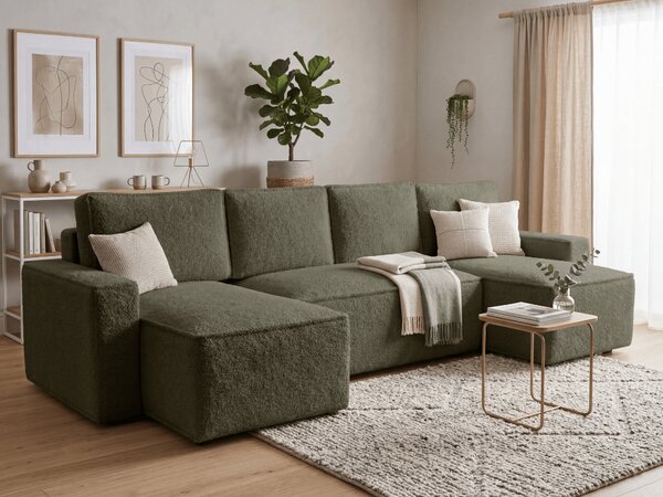 Rozkladacia sedacia súprava do U SMART BOUCLE 303x143 cm, tmavozelená